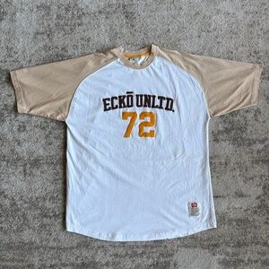 VTG Ecko Untld 72 Y2K Raglan Raised Embroidery Two Tone White & Beige 2000s Tee